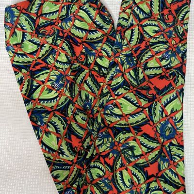 New Womans LuLaRoe Pastel Green Blue Dark Coral Pattern Leggings TC